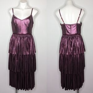 Marchesa Notte pleated tiered metallic purple evening cocktail dress 8